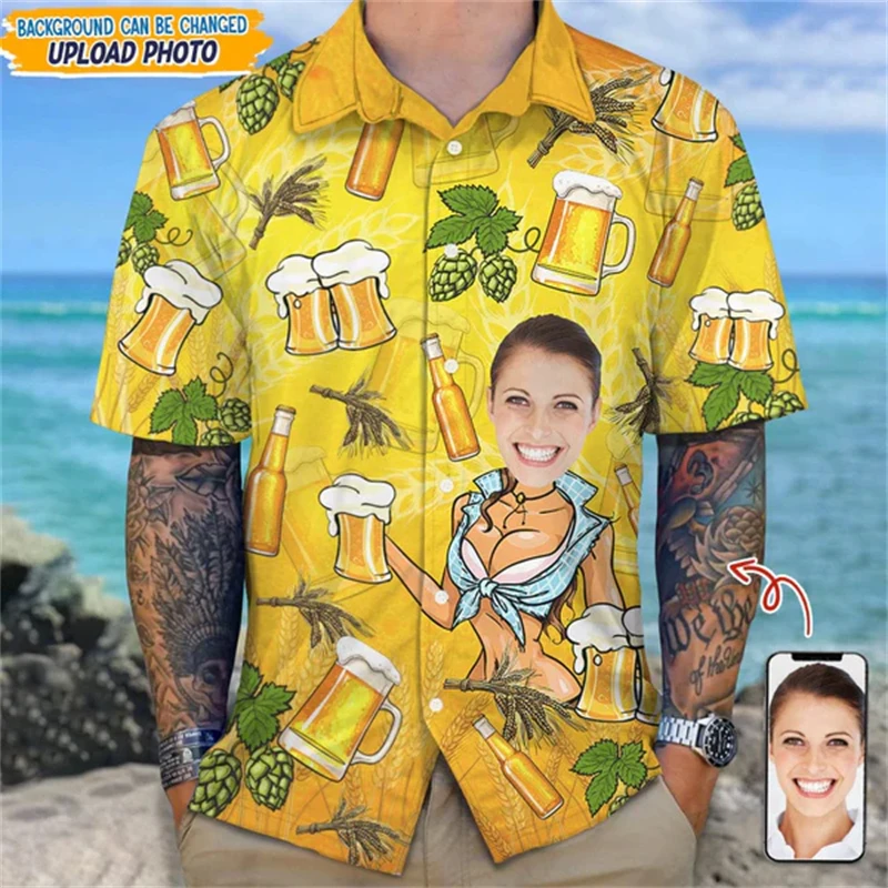 Hawaii Custom Face Picture Design Beer 3D Printed Shirts Funny Birthday Gift DIY Cp Photo Blouses Women Couple Anniversary Tops