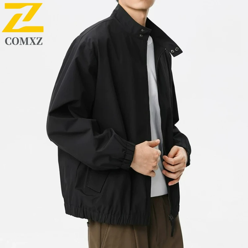 

COMXZ Men Jacket Classic Stand Collar Korean Trendy Lightweight Coat Casual Solid Color Travel Windproof Autumn Motorcycle Coats