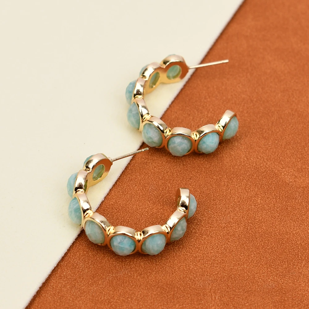 GG Jewelry Natural Green Amazonite Gems Gold Plated Hoop Big Circle Earrings Fashion Stone Earring Lady Girl Friend Gifts