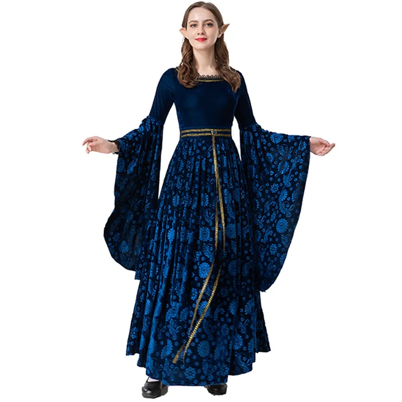 New Carnival Halloween Retro Palace Women's Noble Witch Cosplay Costume Lace Patchwork Trumpet Sleeve Matching Robe Party Outfit