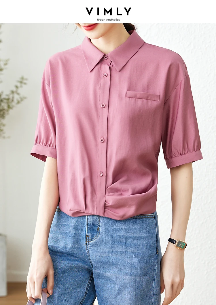 Vimly Summer Thin Casual Loose Shirts & Blouses for Women 2023 Solid Short Sleeve Button Down Dress Shirt for Office Ladies