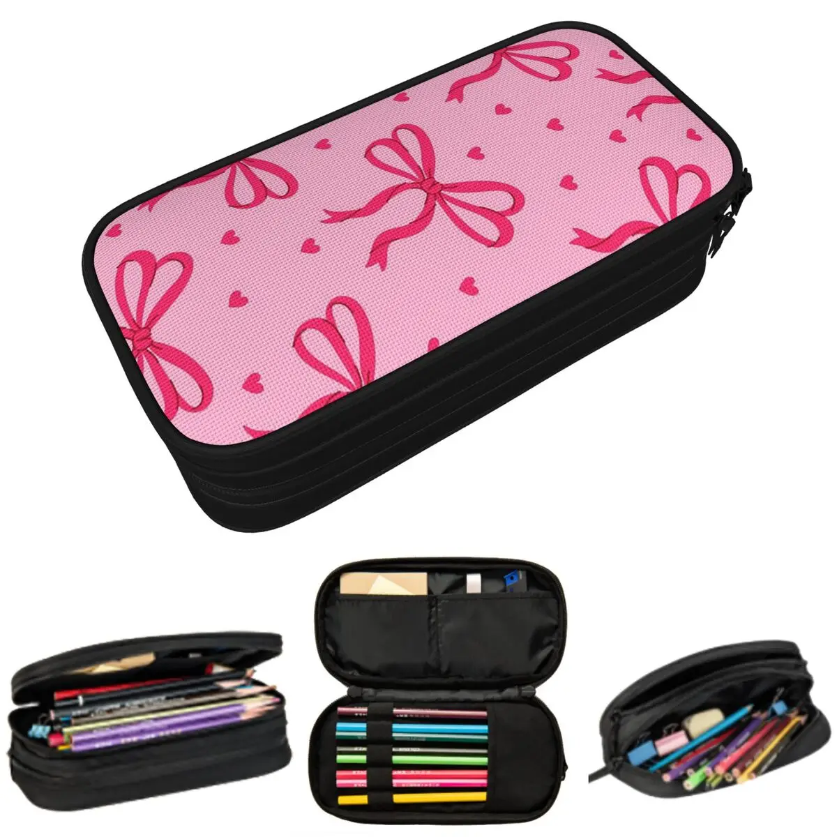 

Pink Hearts And Bows Pattern Pencil Case for Students School Pen Box Pencil Bag Stationery Supplies Pen Holder Bag