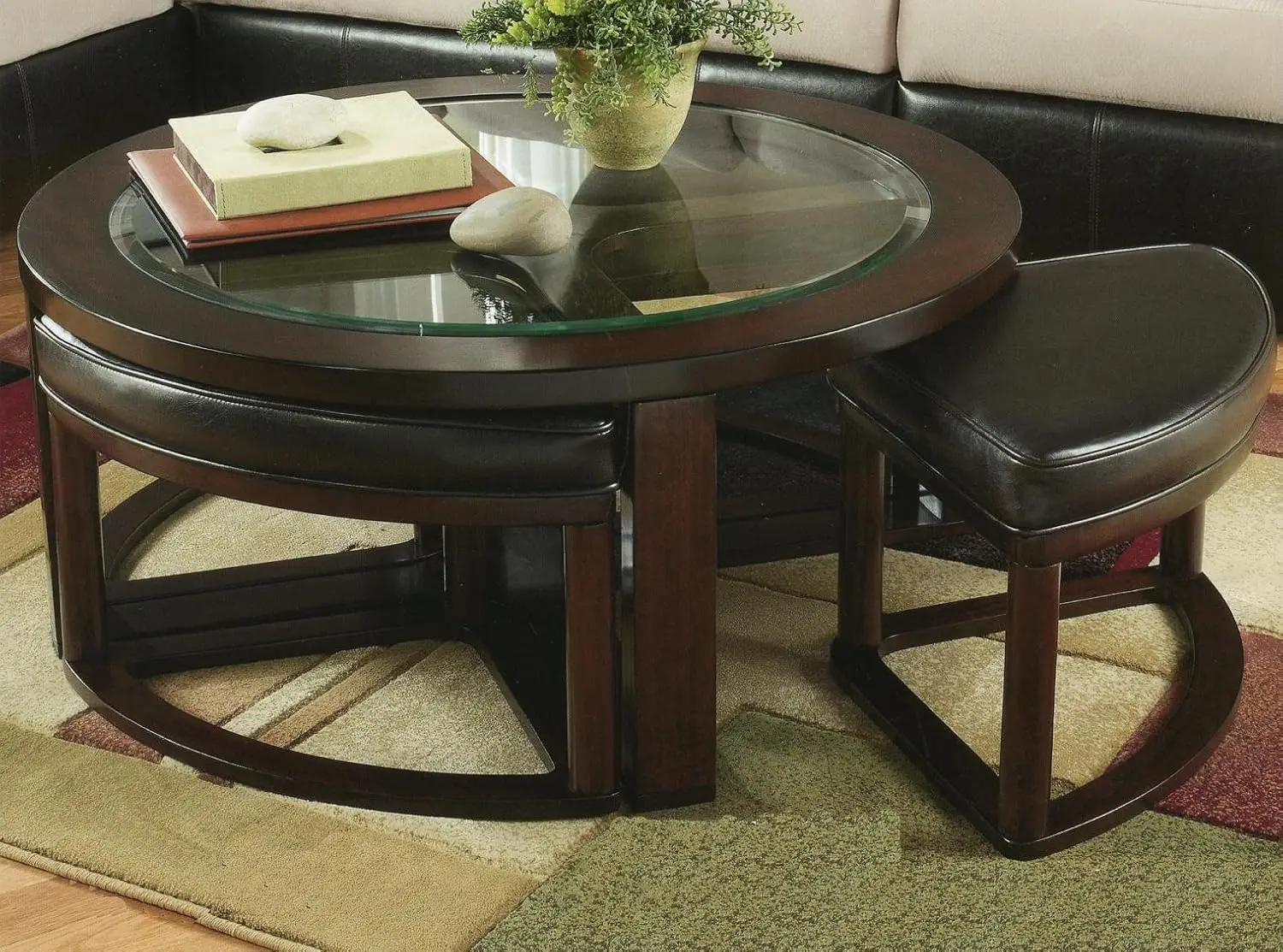 Cylina Solid Wood Glass Top Round Coffee Table with 4 Stools Store Neatly Under Table Espresso Living Room