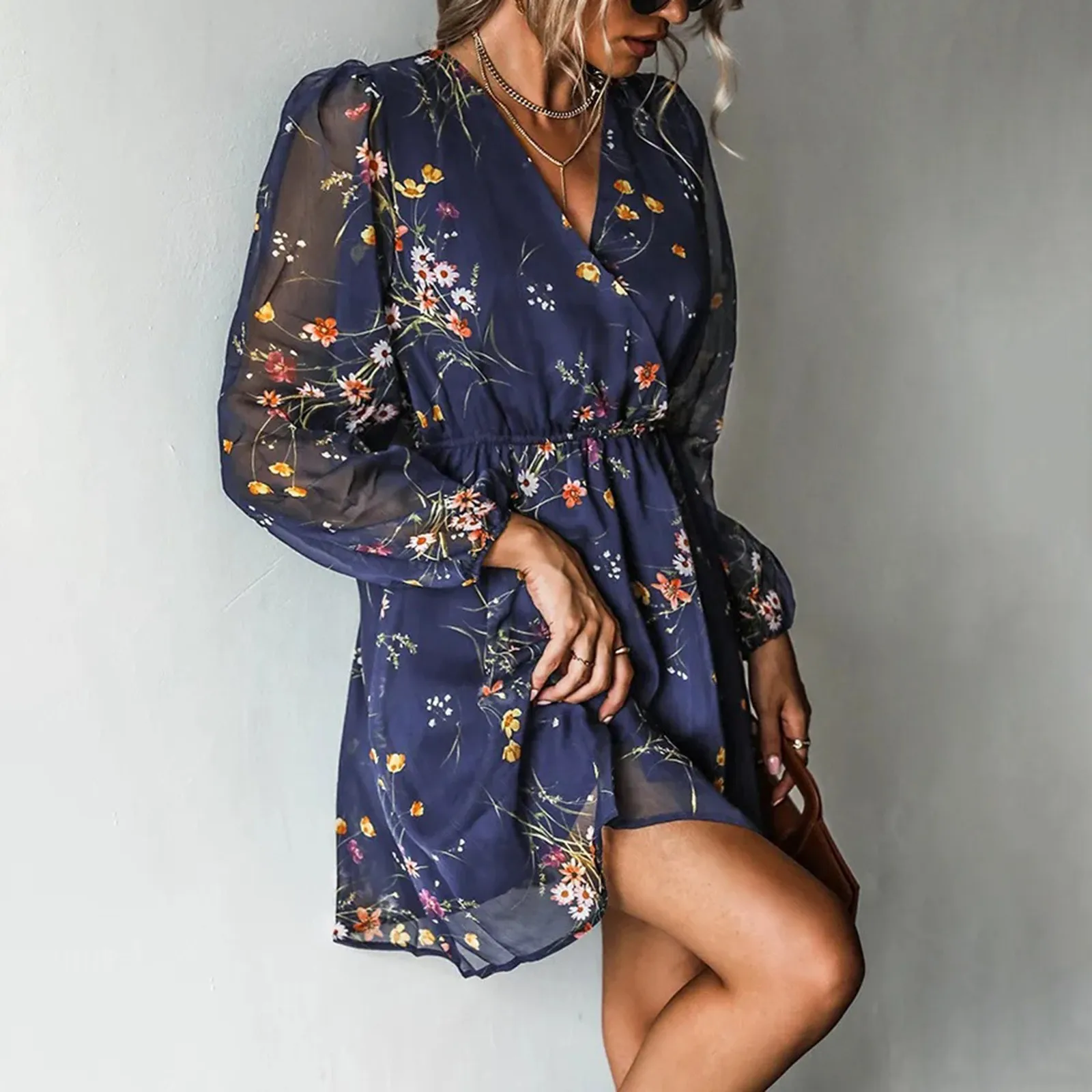 Spring Autumn Dresses Women V-Neck Elegant Chiffon Dress Printed Floral Casual Vintage Long Sleeve Female Fashion Vestidos