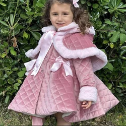 1-12Y Baby Girl Autumn Winter Handmand Customized Palace England Spanish Pink Velvet Princess Wool Coat for Casual