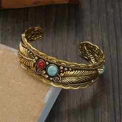 Vintage Antique Silver Color Leaf Red Blue Natural Stone Bracelets Bangles For Women Simple Ethnic Open Cuff Wristband Jewelry