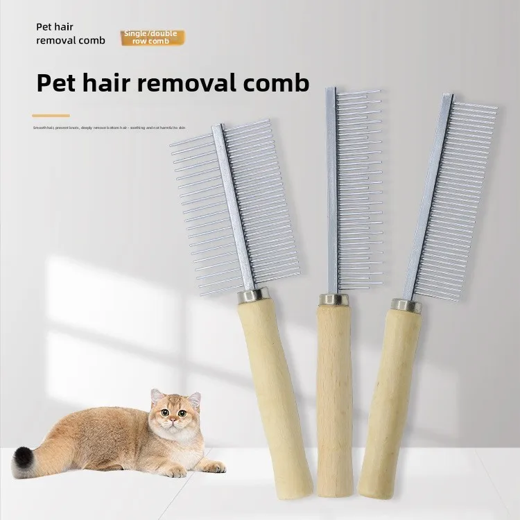 Peine para gatos con mango de madera, peine de una sola fila, peine de doble fila, peine de dientes altos y bajos, peine para gatos, cepillo para el pelo liso, cepillo de aseo