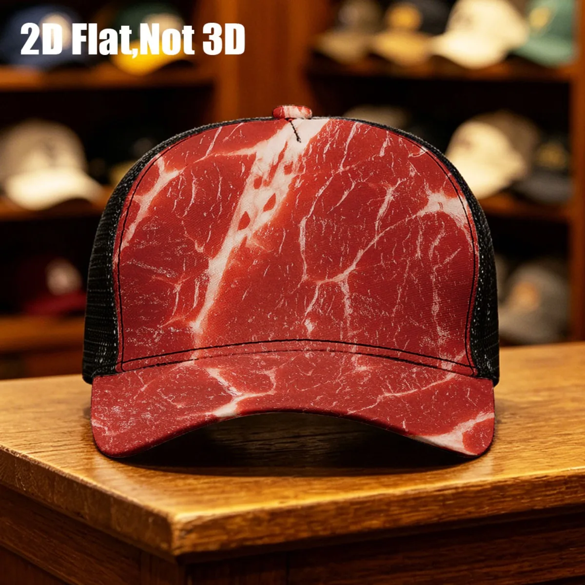 1pc 2D Flat Baseball Cap with Realistic Red Meat Marbling Pattern Print Adjustable, Durable, Lightweight, Breathable