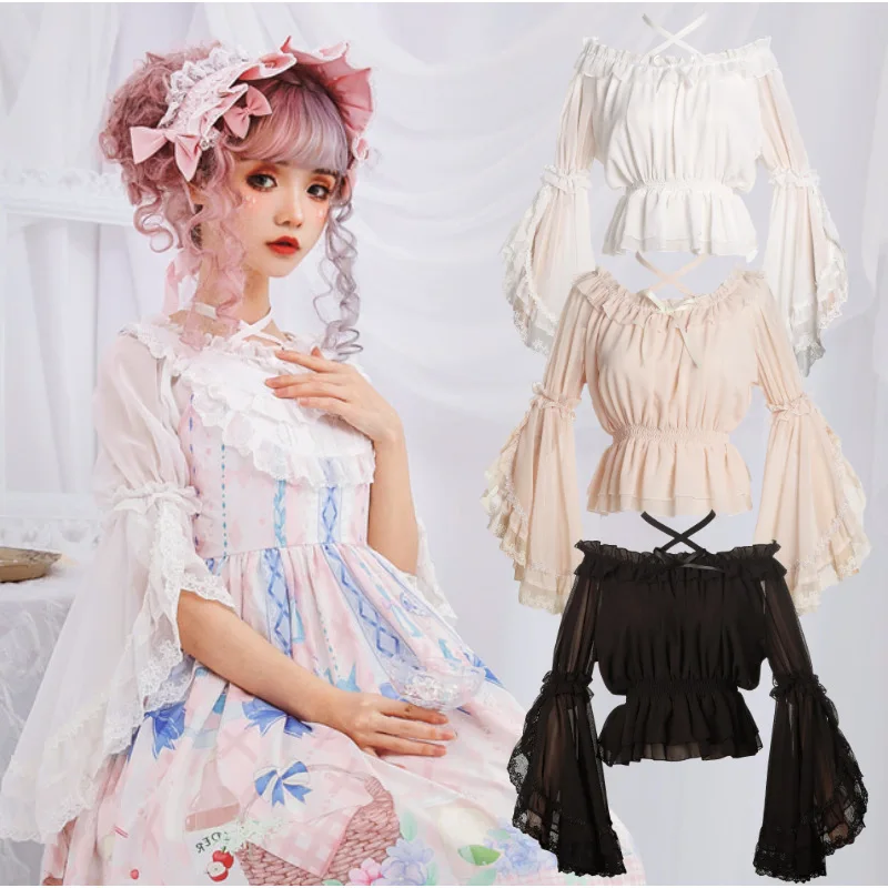 

Rock Sugar Sleeve Neck Tie Sweet Women's Chiffon Blouse Flare Sleeve Cross Neck Lolita Top for Summer by Lolitimes