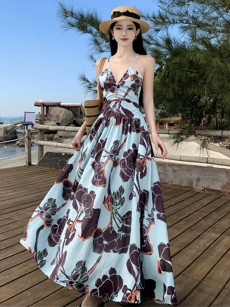 

Summer Fashion Blue Flower Dresses Elegant Spaghetti Strap V-neck Backless Prom French Evening Holiday Birthday Sundress Women