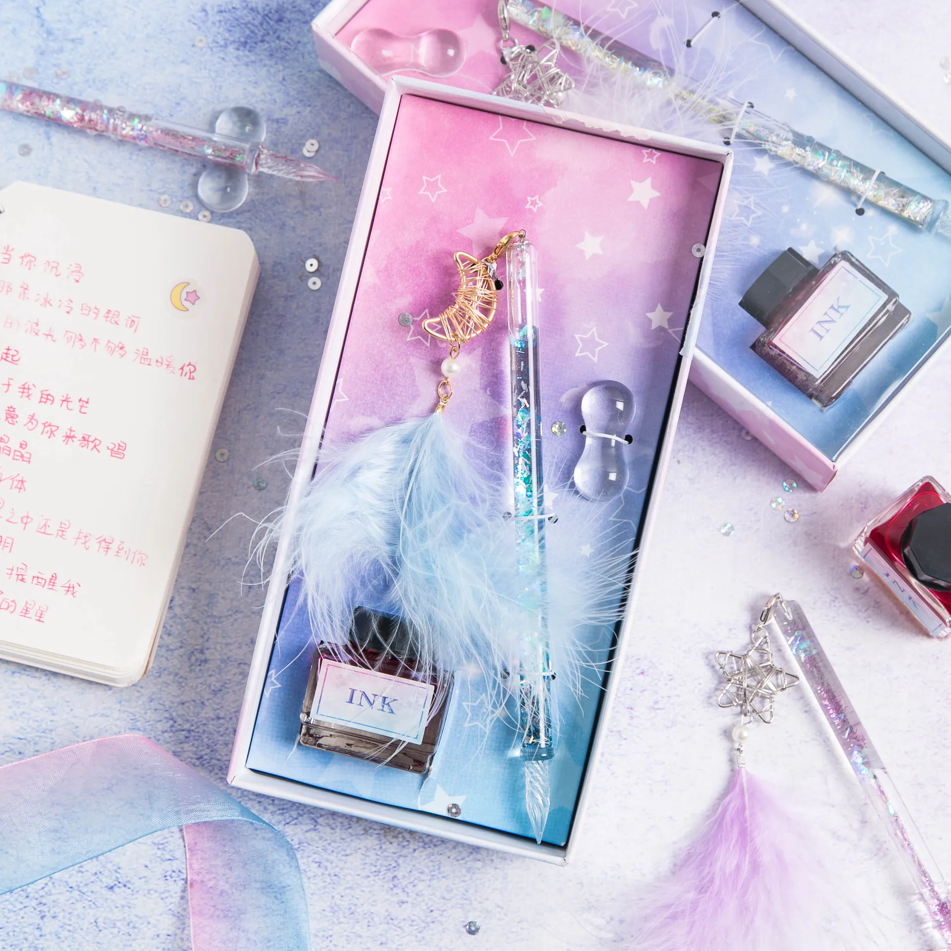 Dreamcatcher Glass Pen Diamond Colored Gift Box Set Dipping Pen Business Gift Student Fountain Pen Factory Direct Sale