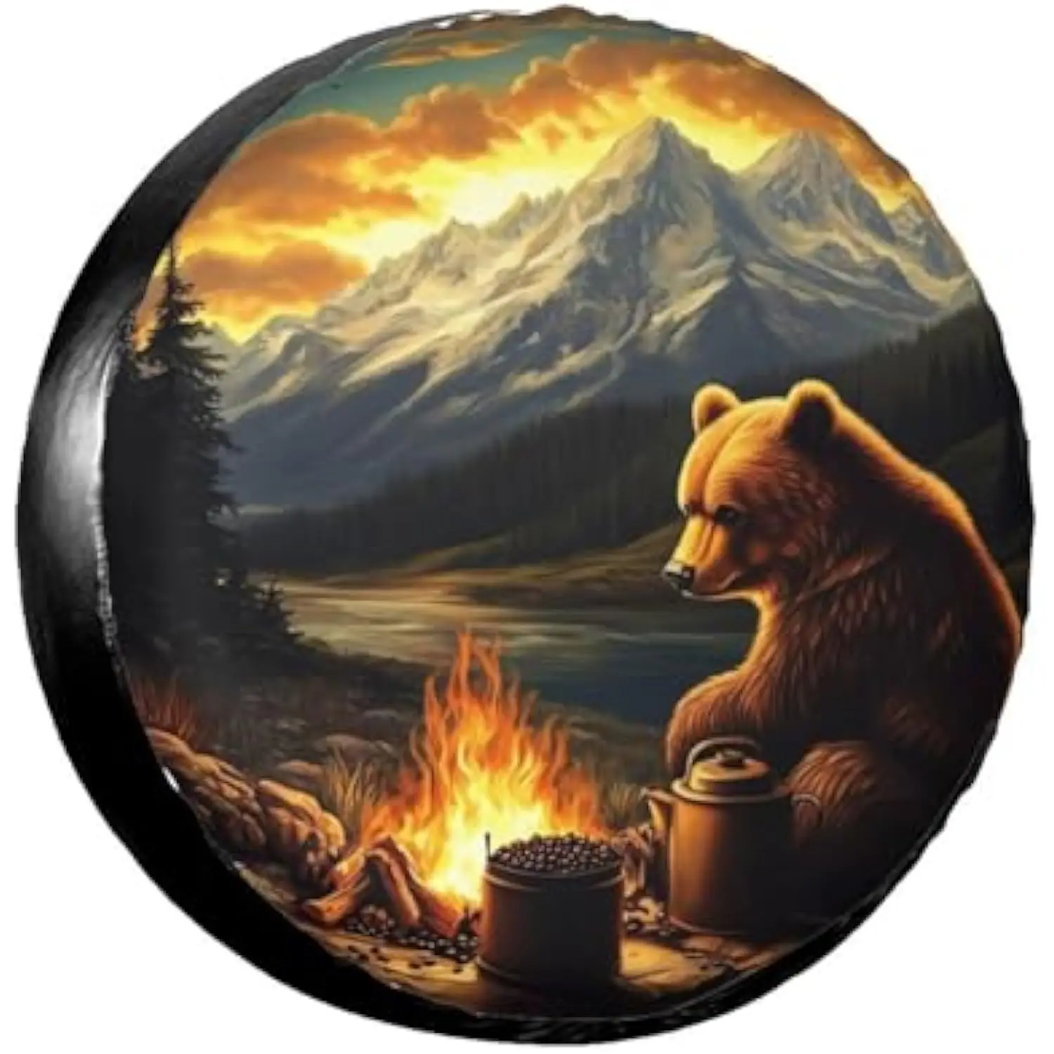 

Bear Making Coffee by Campfire Mountain Scenic Spare Tire Cover Waterproof Wheel Protector for SUV Truck