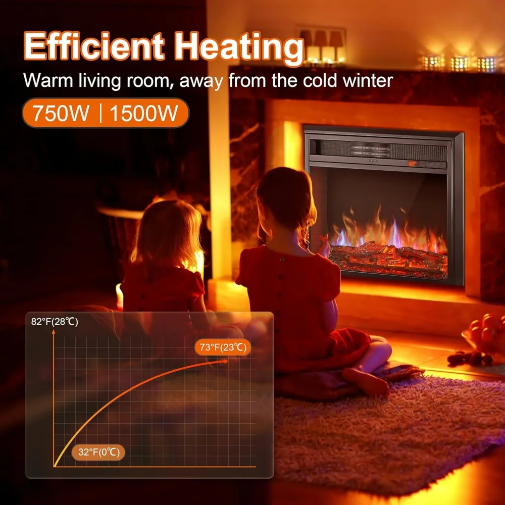 Calentador de 28 insertos para chimenea eléctrica - Lugares empotrados Inserto para chimenea eléctrica con control remoto, temporizador de 8 horas, 6 brillos