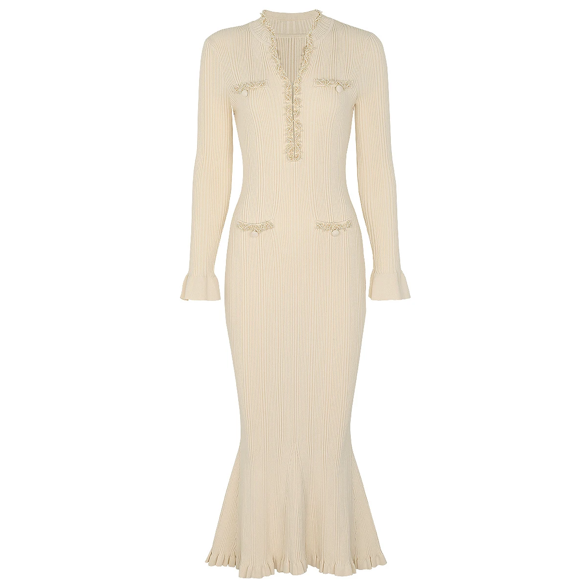Dreifarbiges, hochwertiges, neues, modisches, elastisches, gestricktes Damenkleid mit V-Ausschnitt und schmaler Passform, handgefertigte Nagelperlen, luxuriöses, langärmeliges Damenkleid