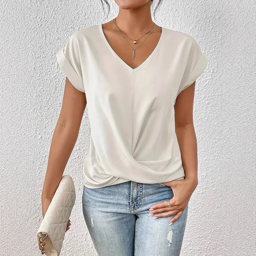 

2025 Summer New Fashion Solid Color V-neck T-shirt Women's Elegant Short Sleeved Top