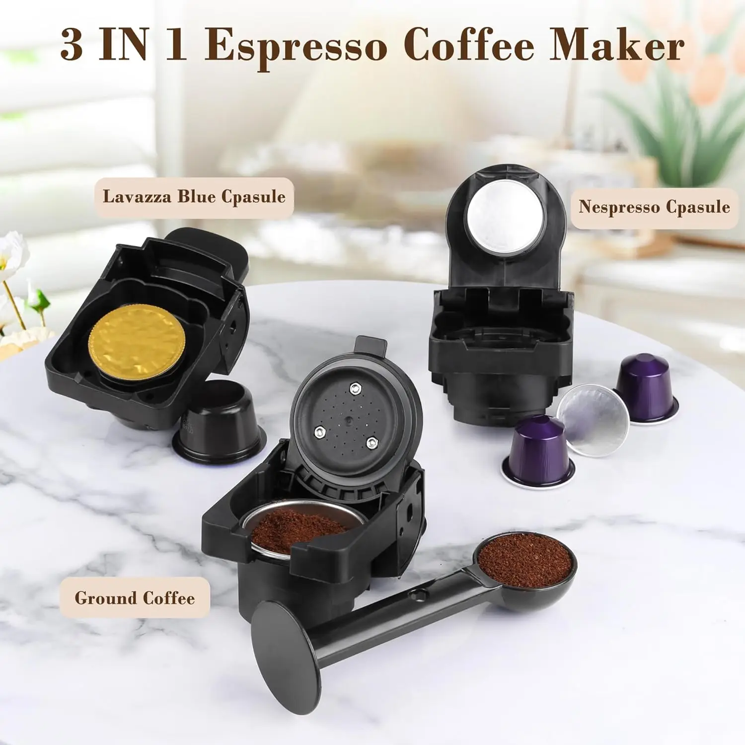 Espresso Maker for Nespresso Capsule  Capsule & Coffee Powder Pressure Makes Authentic Coffee Machines with Removable Water Tank