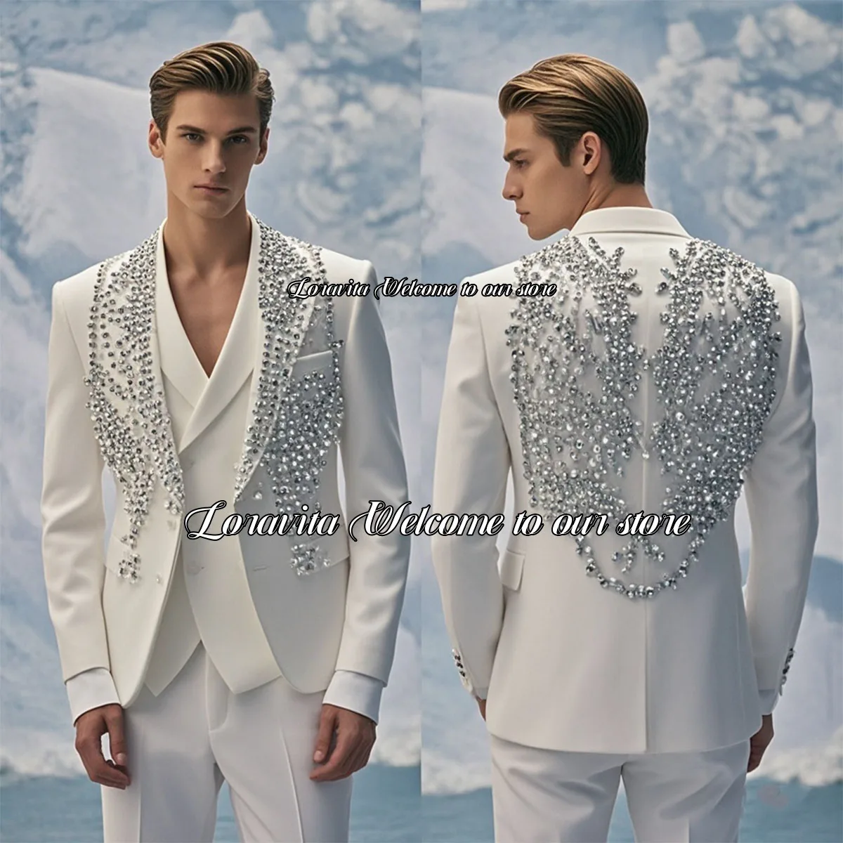 Luxury Shawl Lapel Wedding Groom Tuxedos Sparkly Beaded Crystals Men Suits 3 Pieces Sets Male Prom Blazers trajes para hombre