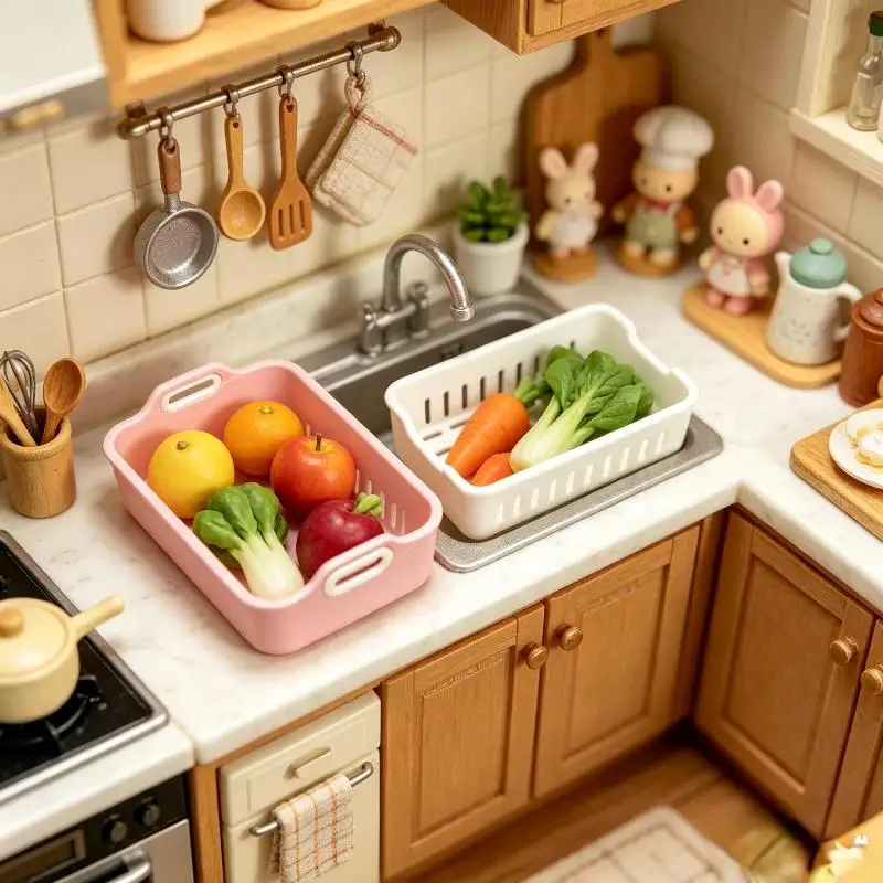 Dollhouse 1:12 Mini Drain Basket with Removable Tray Sink Organizer for Mini Home Decor DIY Micro Landscape Props
