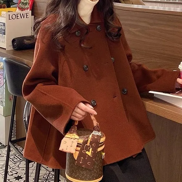 

Double sided wool coat 2024 winter cloak Maillard brown retro Korean A-line woolen small jacket winter coat wool coat