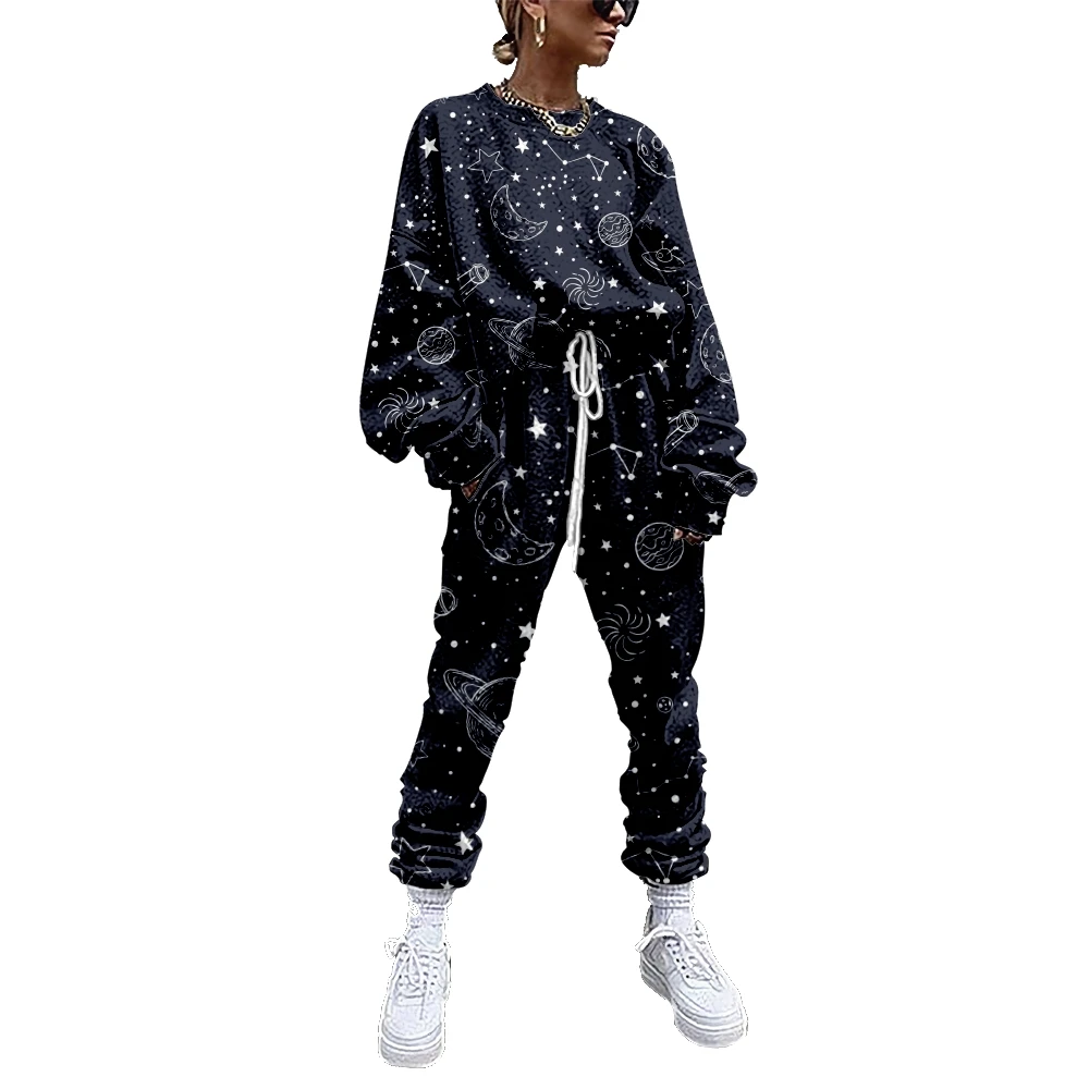 

Women Tracksuit 2 Piece Outfit Sweatshirt+Straight Sweatpants Matching Set Moon Star Pattern Fitness Sporty Streetwear 3