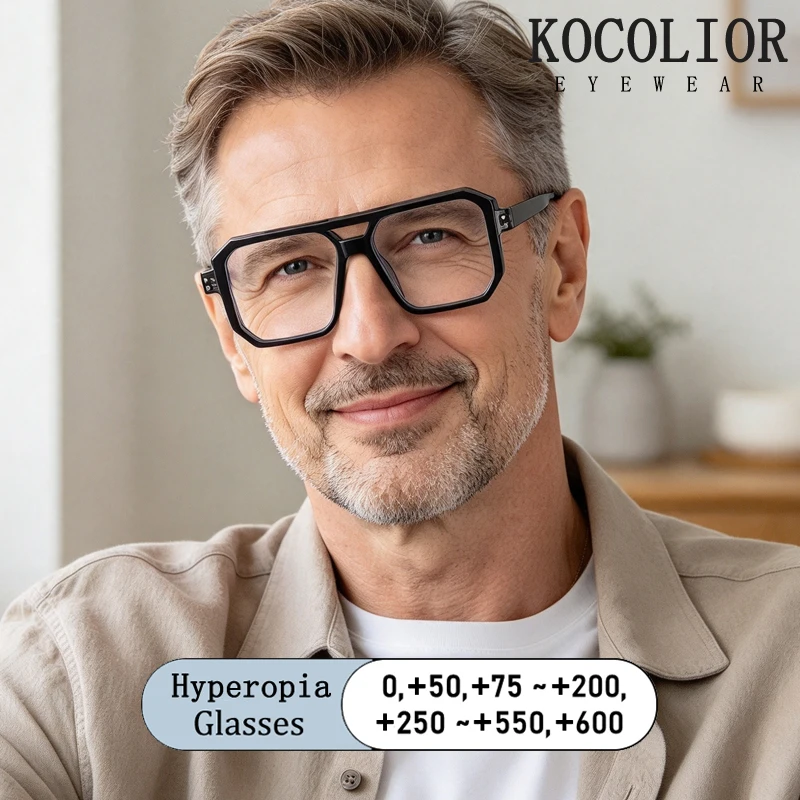 Brand Design Reading Glasses Men Oversized Square Double Beam Frame Anti-Blue Light Presbyopia Photohcromic Prescription Eyewear