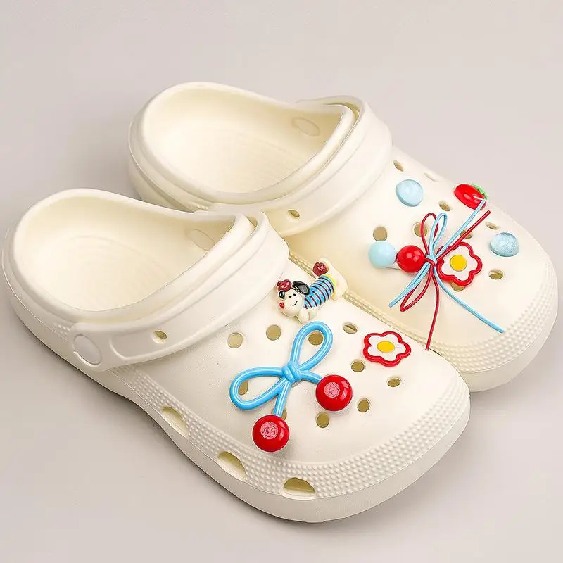 1Set Retro Red Blue Flower Bow Bead Shoes Charms Set Aesthetic Shoe Decorations Accessories For Clogs Sandals Teens Gifts
