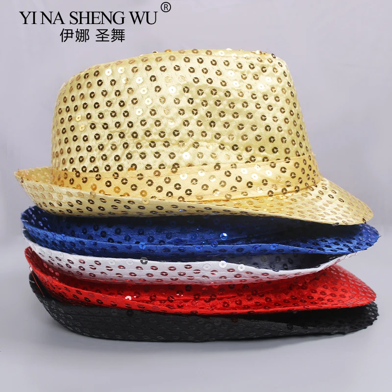 Chapeau à paillettes de danse jazz pour enfants, performance sur scène, accessoires de costume, hip hop, danse de rue, chapeaux à perles brillants Chang, garçons et filles
