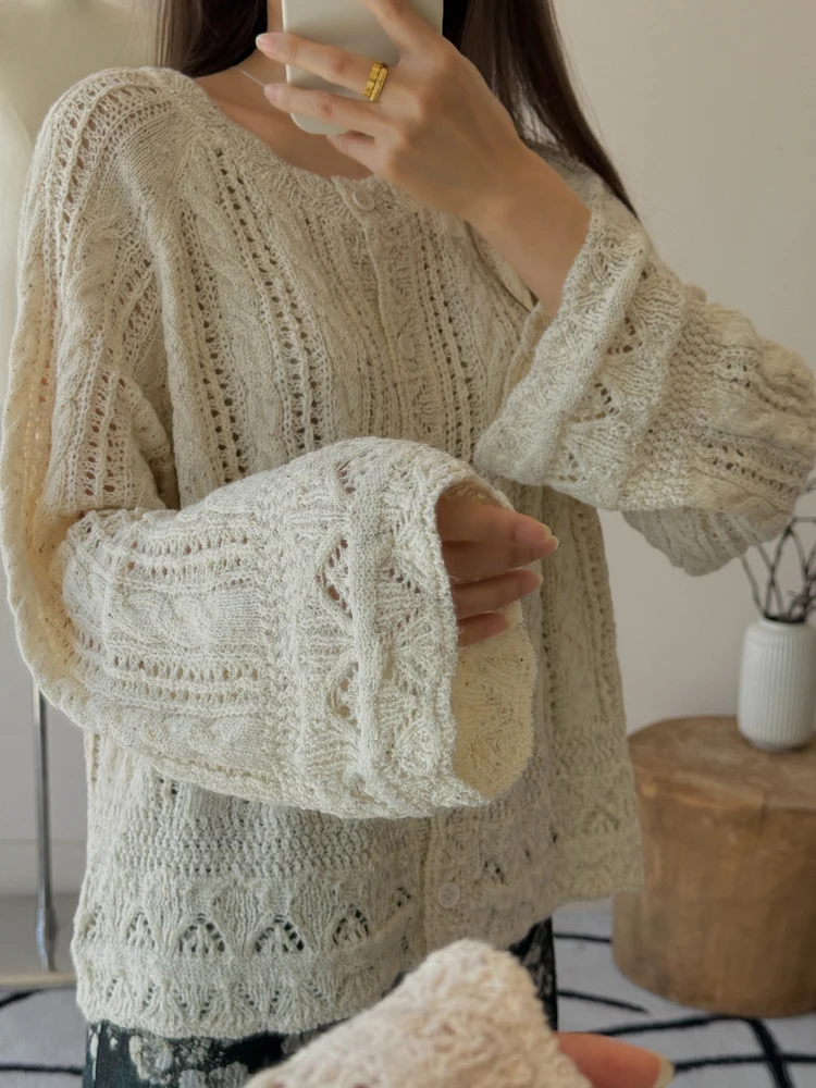 

Вязаный джемпер с длинными рукавами и круглым вырезом, свободного кроя, с кружевными элементами, винтажный, с ажурным цветочным узором и узором «косичка»