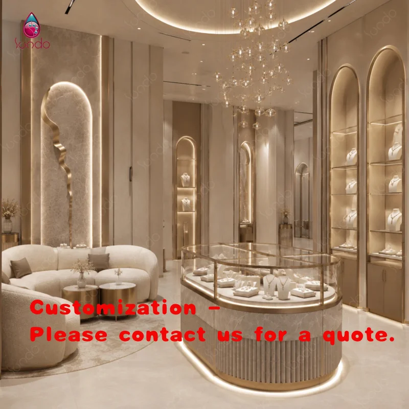 custom.Sundo Jewelry Showroom Interior Design Custom LED Glass Showcase Counters Mirror Back Trapezoid Eco-Friendly Waterp