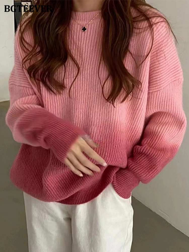 BGTEEVER Stylish Gradient Sweaters Women Autumn Winter O-neck Long Sleeve Loose Female Pullovers Jumpers