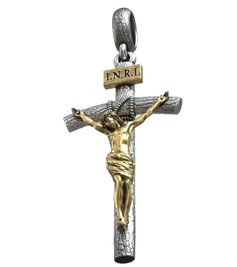 7g Jesus Christ Crucifixion Wooden Catholic Long Cross Gold Pendant  Customized 925 Solid Sterling Silver