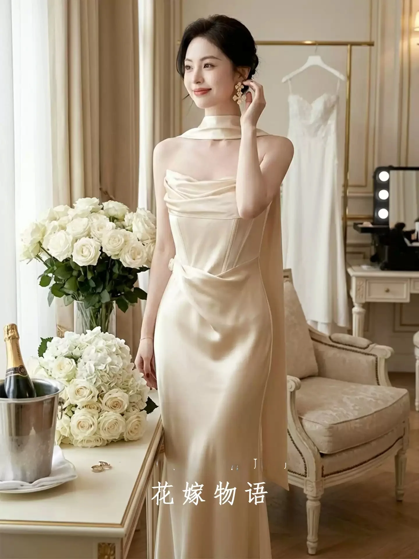 

Роскошный высококачественный утренний халат цвета шампань с эффектом «рыбий хвост» для помолвки и свадебной церемонии, модель 2026 года, новый, на тонких бретелях.