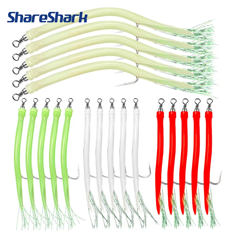 ShareShark 5er-Set Kabeljau- und Aalrohr-Jigköder mit Offset-Haken, Widerhaken, Oktopus-Haken und Rollwirbel für das Meeresangeln