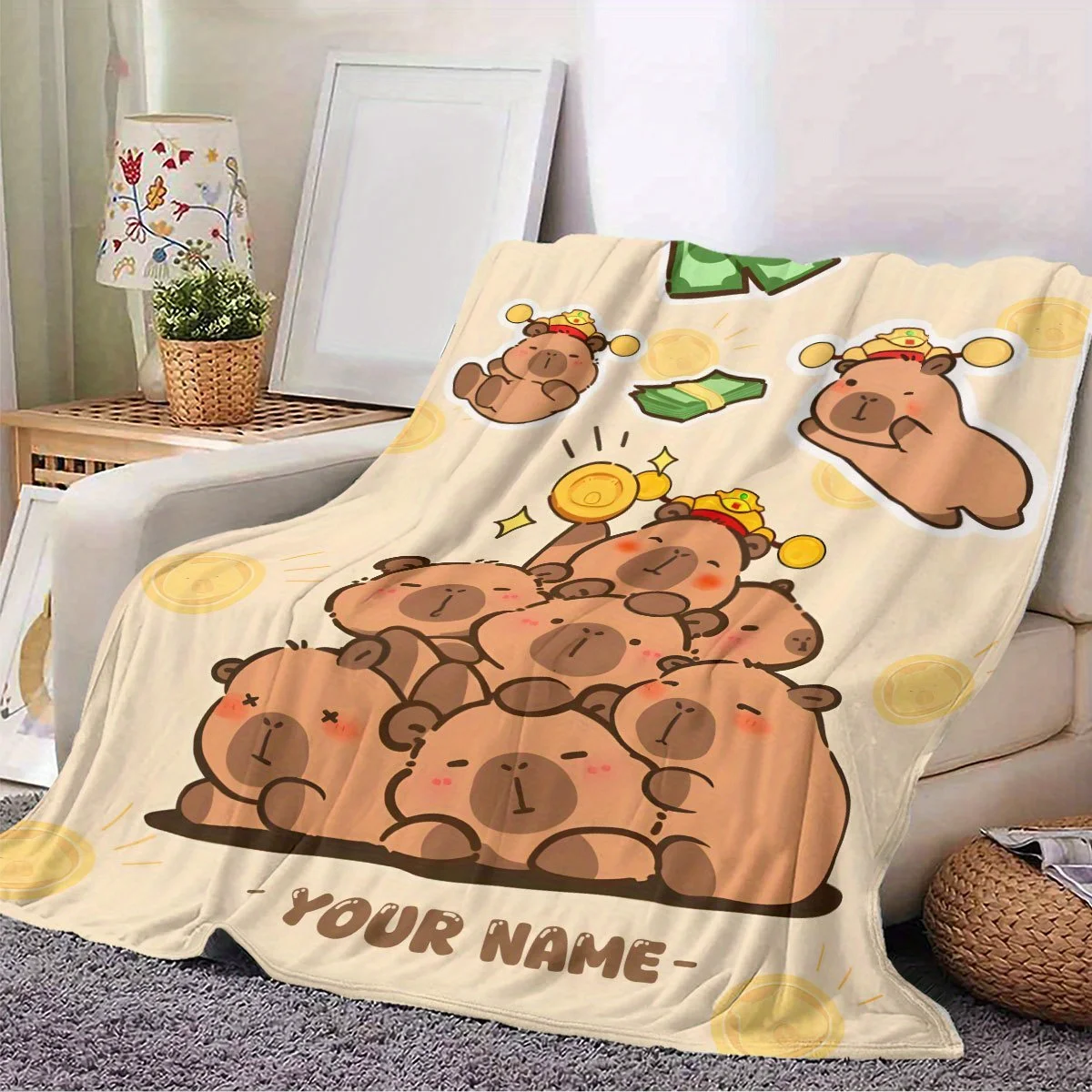 Custom name card capybara flannel blanket, suitable for sofa, bed, birthdays, children, friends, gifts