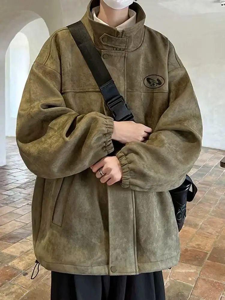 

Мужская замшевая куртка Thiened, повседневное зимнее пальто с воротником-стойкой, однотонное пальто в американском стиле ретро, верхняя одежда для пар