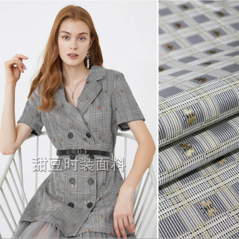 Gold Silk Yarn-dyed Jacquard Fabric Spring and Summer Little Bee Check Dress Suit Jacket Fashion European Brand Fashion Cloth