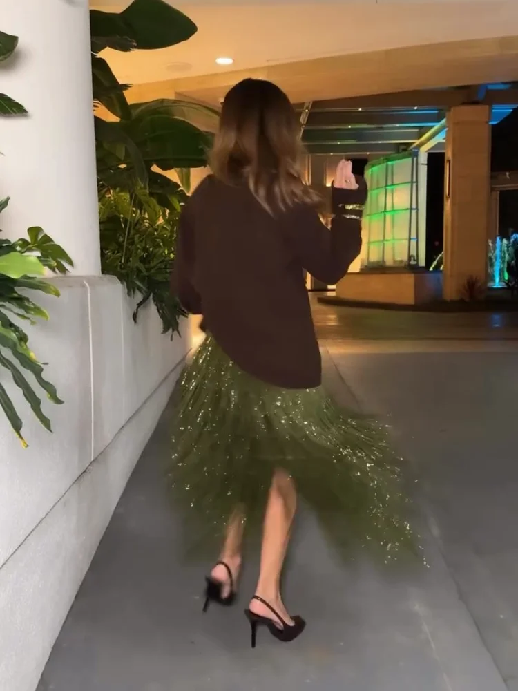 Olivgrüner Midirock mit Pailletten und Fransen für Damen, glitzernder Quasten-Partyrock für den Abend, Clubwear, 2025, Festival, neue sexy Damenröcke