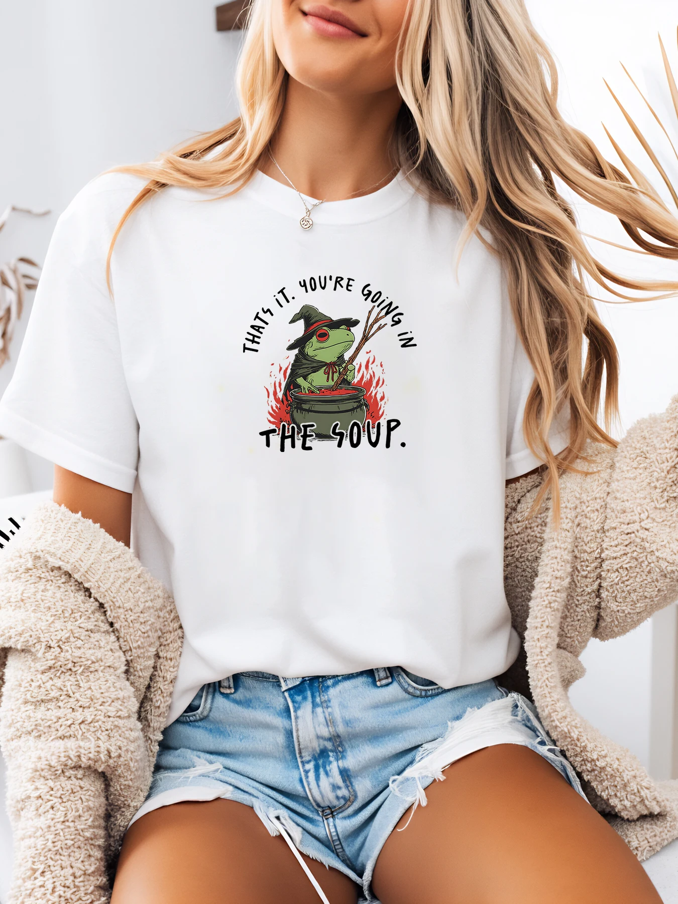 Heksenkikker in ketel Dat gaat het je in de soep Halloween T-shirt Dames Casual Feestkleding Wit Grote maten
