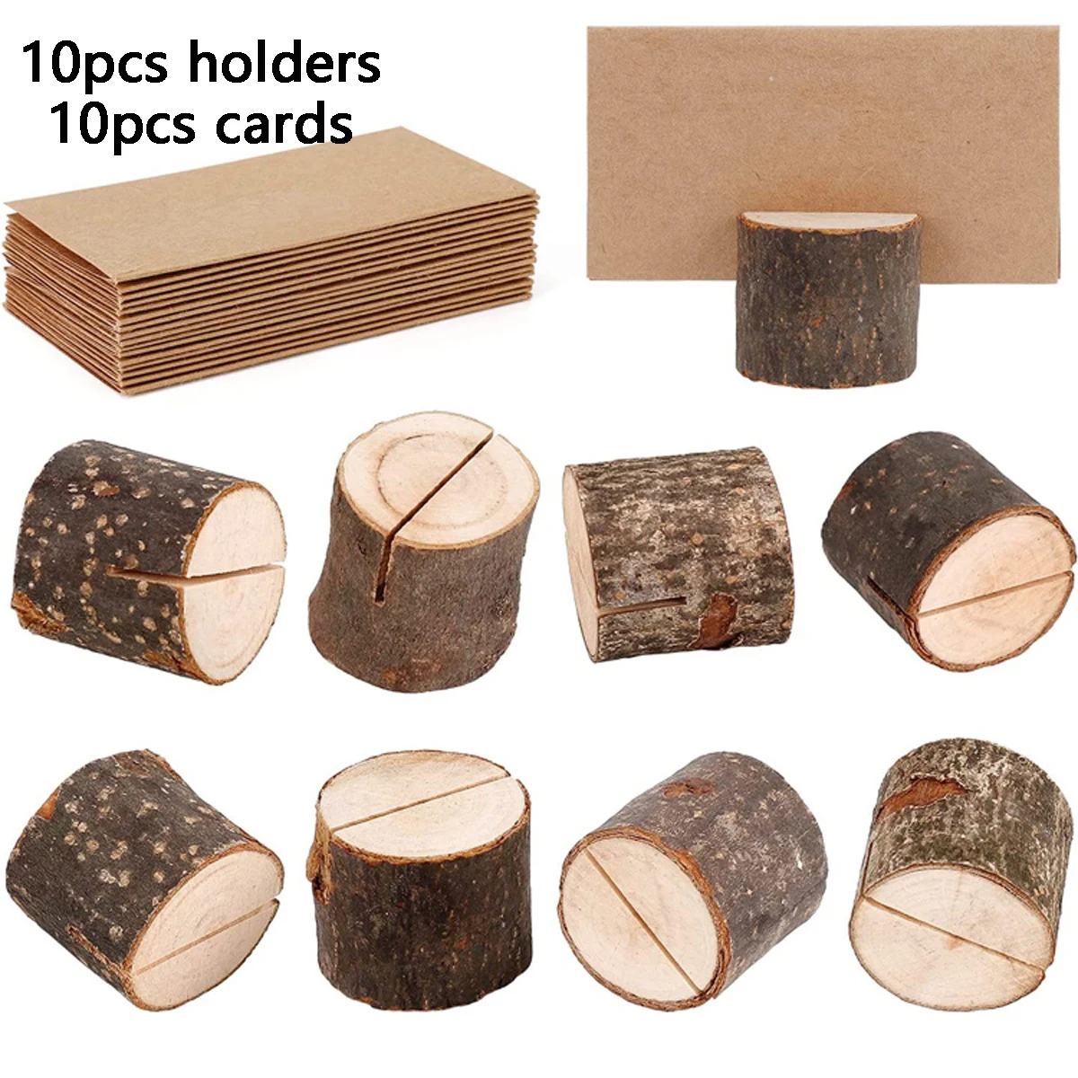 حامل مذكرة جدعة اسم خشبي ، مشبك ، حامل ملاحظات ، جذع شجرة ، لحاء ، مشبك H ، زفاف ، 10 مجموعة