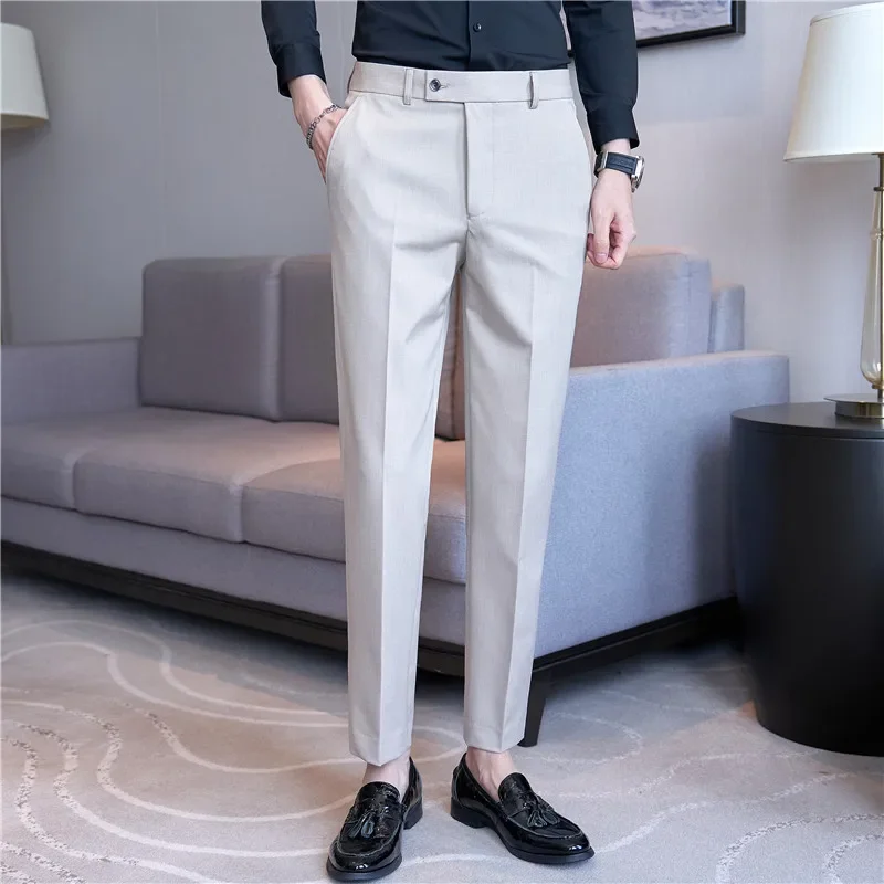 2024 outono masculino azul terno calças casuais elástico fino ajuste formal vestido branco pantalon homme festa de casamento roupas masculinas