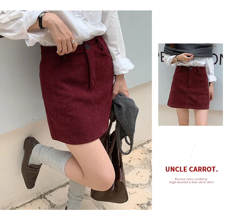 Women's High-Waist A-Line Short Skirt Spring Autumn Retro Brown Corduroy Skirts Woman Solid Color Straight Leg Pencil Skirt Mini