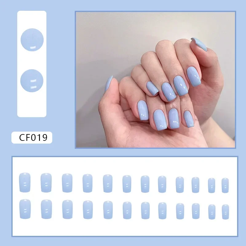 Sky Blue Square 24 Pcs Press on Nails Pink Gradient Fake Nails Glossy Artificial Finger Manicure Reusable False Nails for Women