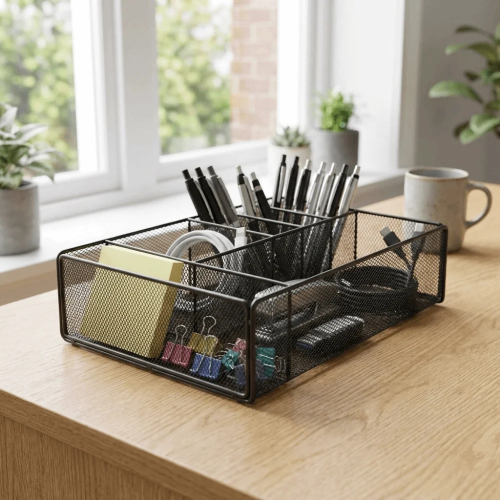 6 Compartments Metal Desk Organizer Iron Multi-Compartment Mesh Office Storage Basket Spray Painting Process Hollow