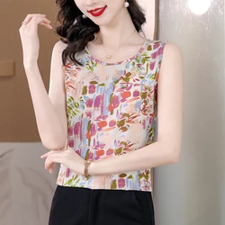 Women Summer Korean Fashion Loose Printing O-neck Sleeveless Camisole Women Clothes Casual Trend All-match Appear Thin Top Tee