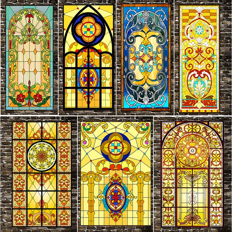 Retro European Church Painted Electro Static Frosted Stained Glass Window Film PVC Self-adhesive Home Foil Stickers