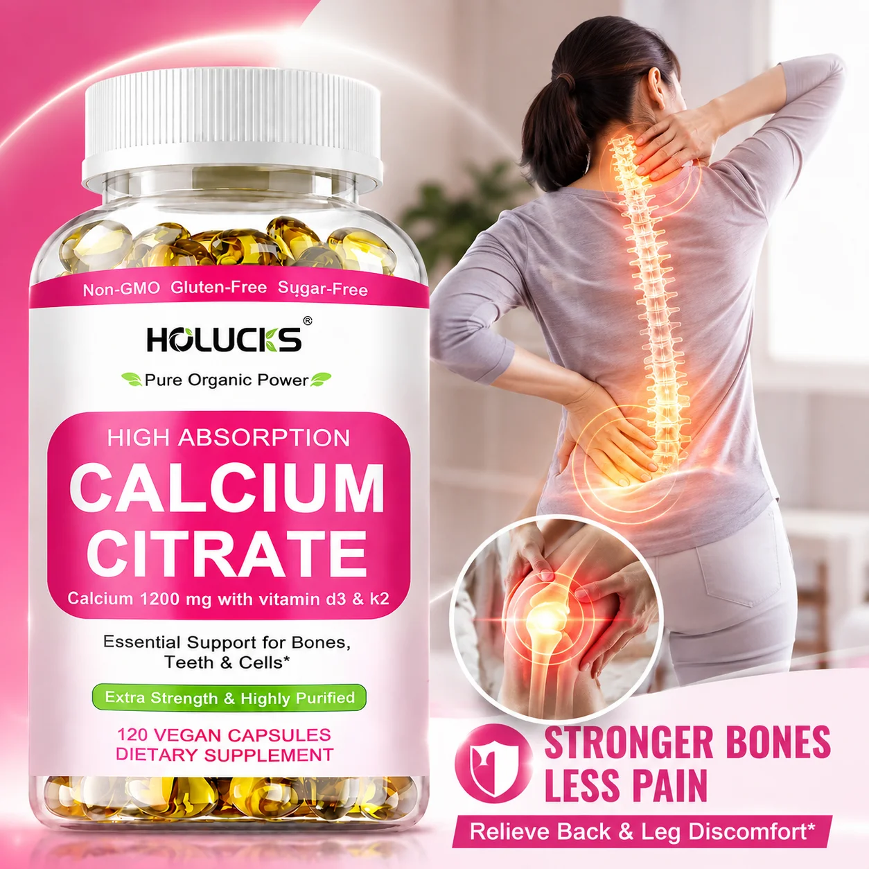Women’s Calcium Citrate Supplement, D3 & K2, Support Bone Density Joint Flexibility & Teeth Health, Leg Cramps & Muscle Soreness