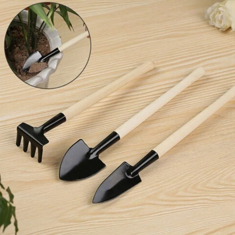 3pcs Mini Portable Gardening Tool Metal Head Shovel Rake Spade Garden Plant Wooden Handle Tool Set