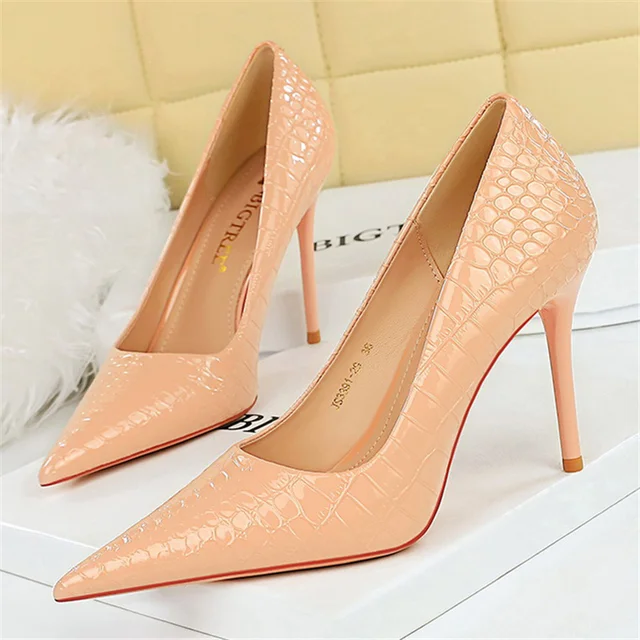 Women 10cm High Heels Stiletto Pumps Pointed Toe Green Nude Heels Office Lady Serpentine Patent Leather Wedding Party Prom Shoes Pumps AliExpress