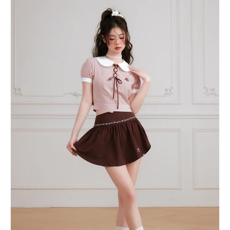 American Retro College Style Pink Striped Lotus Leaf Collar Cute Sweet Slim Top Dark Slim Pleated Skirt Versatile Suit For Girls