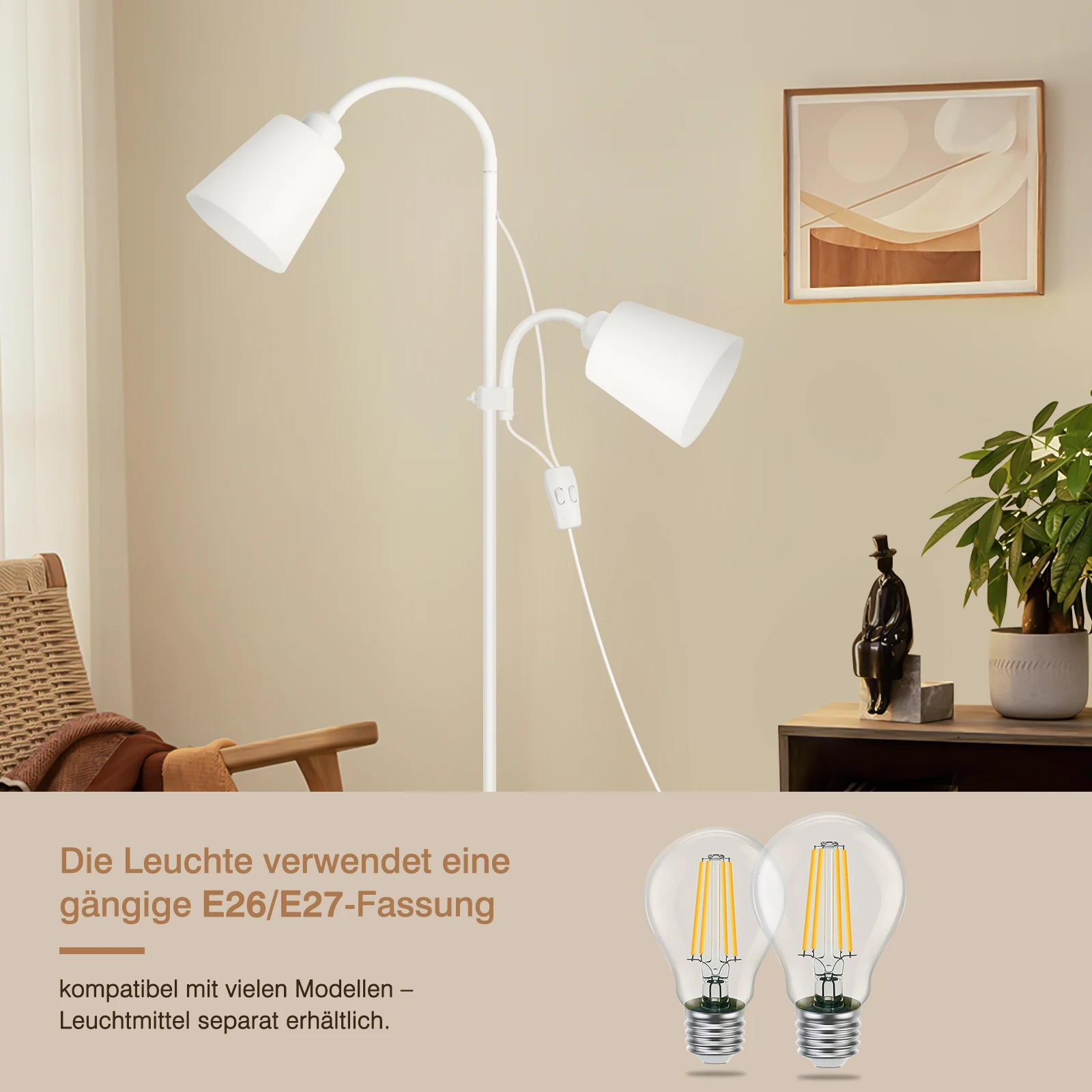 Moderne weiße Stehlampe mit 2 E27-Lampenköpfen, 360 ° Schwenkbare Leselampe, Metall-Stehlampe für Wohnzimmer-Sofa, ohne Glühbirnen – Detail 1